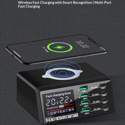 [838W] QUALCOMM 100W 8 puertos (4 x Type-C + 4 USB) PD y QC 3.0 y cargador rápido inalámbrico Estación adaptadora de cargador inalámbrico con medidor de corriente/voltaje