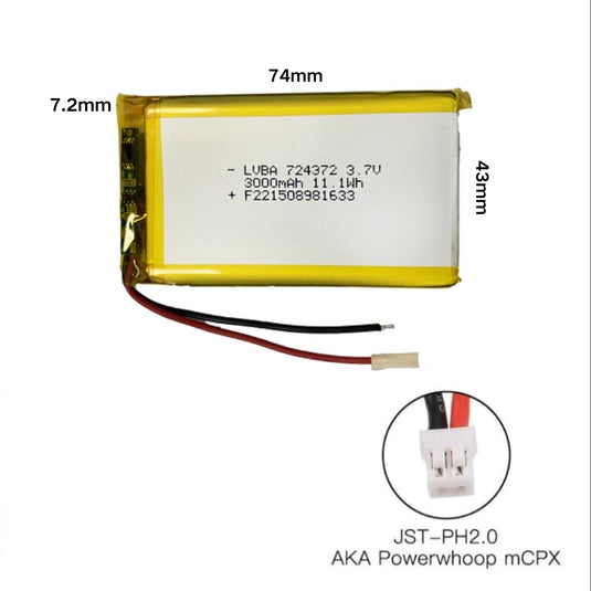 [PH2.0-JST Connector][724372] Universal 3000mAh 3.7V Rechargeable Li-Ion Lithium Polymer Battery - Polar Tech Australia