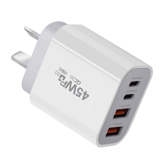 [PT-45W] 45W PD Type-C + QC 3.0 USB 4 Port Wall Travelling Charger Adapter -  (SAA Approved/AU Plug)