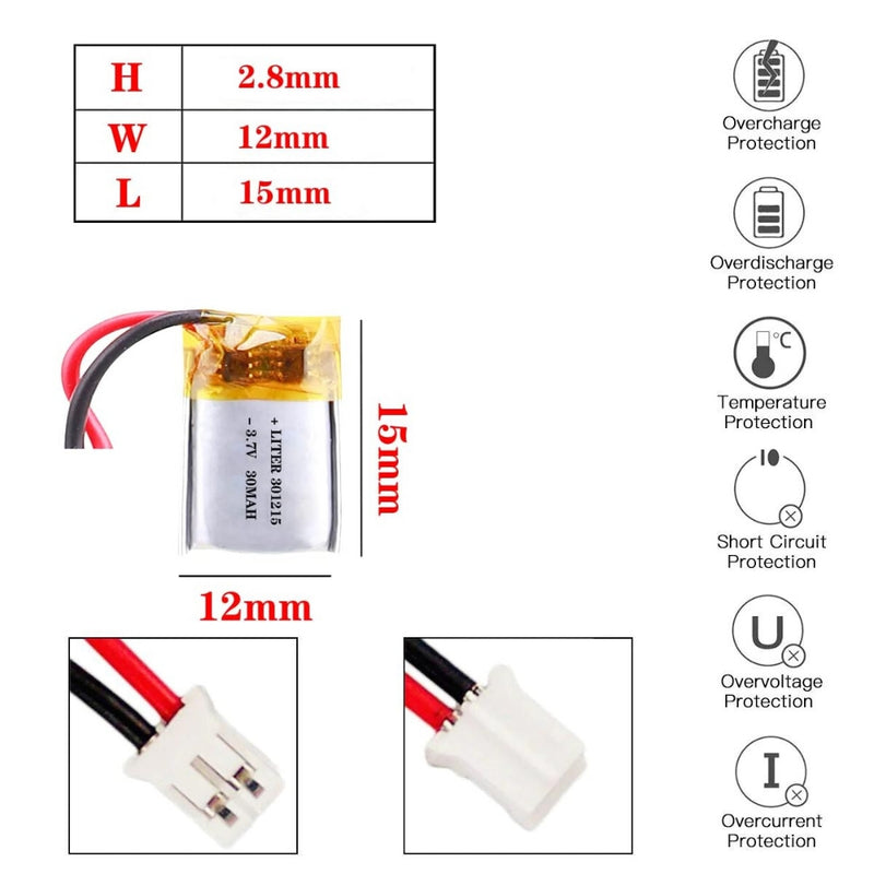 Chargez l&#39;image dans la visionneuse de la galerie, [PH2.0-JST Connector][301215] Universal 30mAh 3.7V Rechargeable Li-Ion Lithium Polymer Battery - Polar Tech Australia
