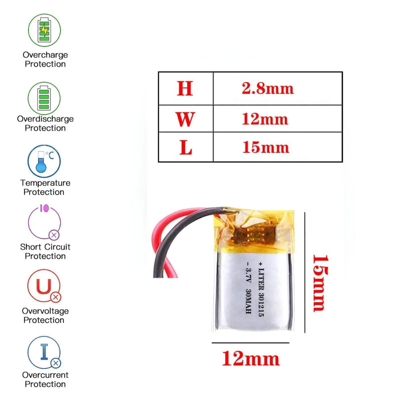 Chargez l&#39;image dans la visionneuse de la galerie, [PH2.0-JST Connector][301215] Universal 30mAh 3.7V Rechargeable Li-Ion Lithium Polymer Battery - Polar Tech Australia
