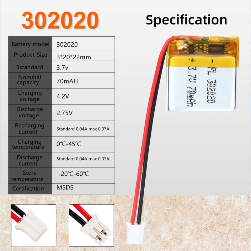 Cargue la imagen en el visor de la galería, [PH2.0-JST Connector][302020] Universal 70mAh 3.7V Rechargeable Li-Ion Lithium Polymer Battery - Polar Tech Australia
