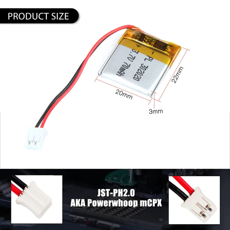 Cargue la imagen en el visor de la galería, [PH2.0-JST Connector][302020] Universal 70mAh 3.7V Rechargeable Li-Ion Lithium Polymer Battery - Polar Tech Australia
