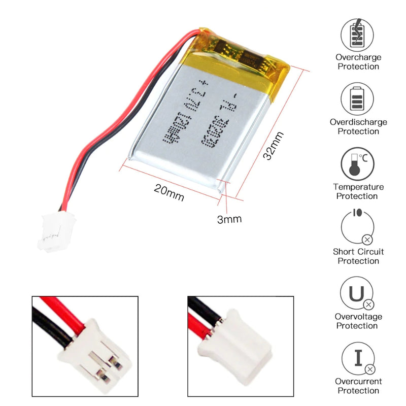 Cargue la imagen en el visor de la galería, [PH2.0-JST Connector][302030] Universal 120mAh 3.7V Rechargeable Li-Ion Lithium Polymer Battery - Polar Tech Australia
