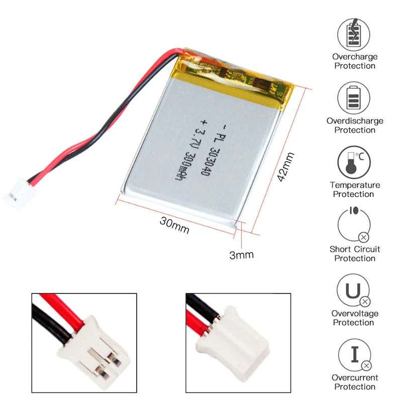 Load image into Gallery viewer, [PH2.0-JST Connector][303040] Universal 300mAh 3.7V Rechargeable Li-Ion Lithium Polymer Battery - Polar Tech Australia
