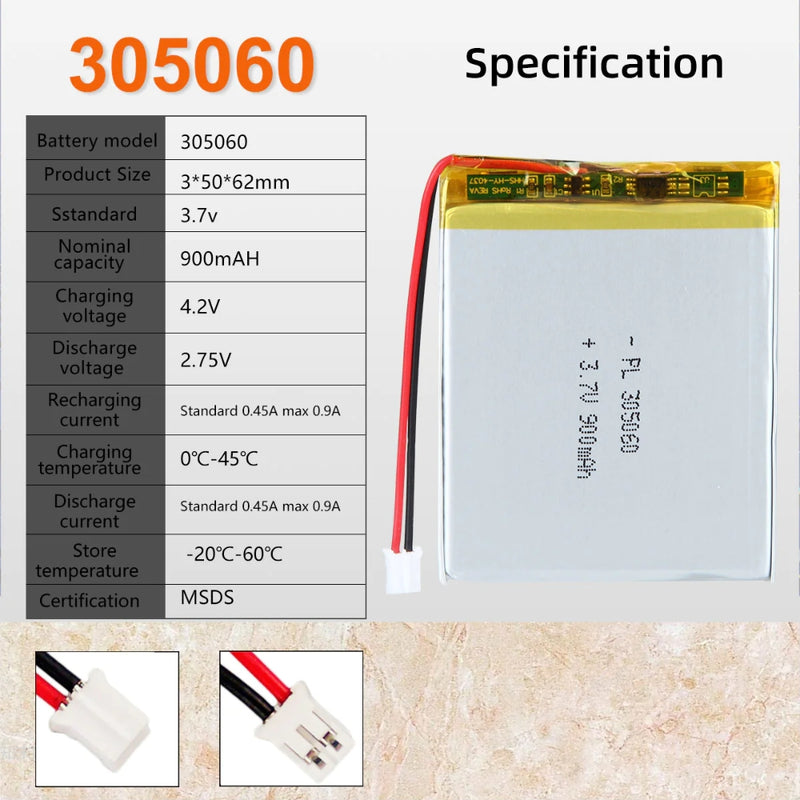 Cargue la imagen en el visor de la galería, [PH2.0-JST Connector][305060] Universal 900mAh 3.7V Rechargeable Li-Ion Lithium Polymer Battery - Polar Tech Australia
