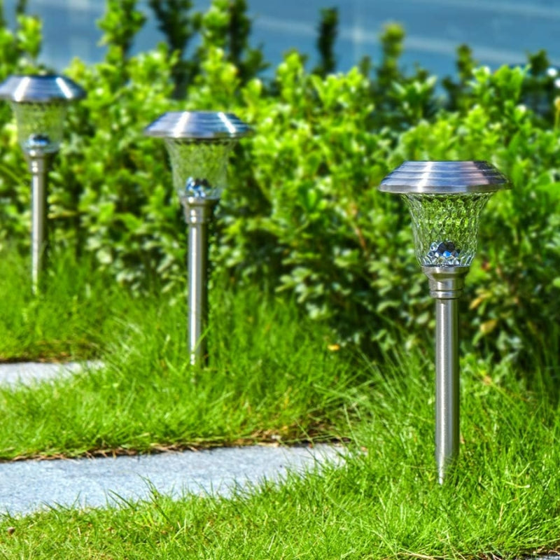 Load image into Gallery viewer, 4 Pack Solar Pathway Lights Warm yellow + Bright White Outdoor Garden Stake Glass LED Stainless Steel Waterproof Landscape Path Lighting for Yard Walkway Driveway Outside Silver - Polar Tech Australia
