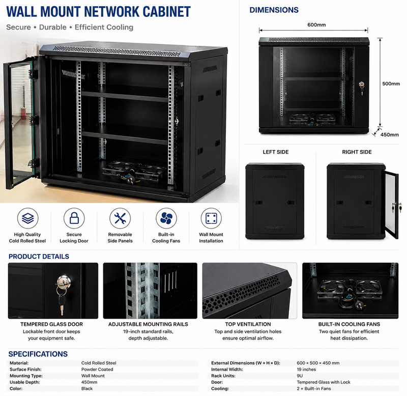 Cargue la imagen en el visor de la galería, [Assembled][Built-in Fan] 4U 6U 9U 12U 15U Heavy Duty Network Server CCTV PoE Switch Wall Mount Cabinet Rack Lockable Enclosure
