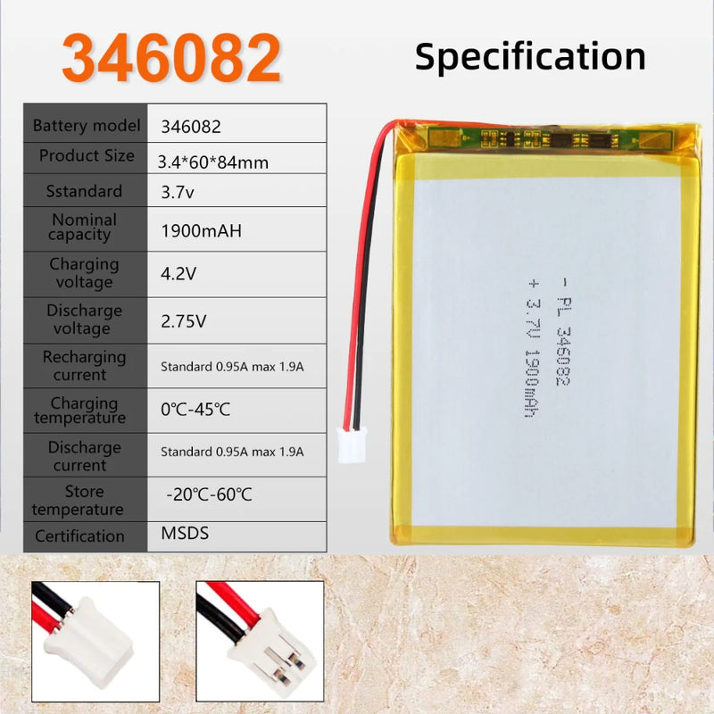 Cargue la imagen en el visor de la galería, [PH2.0-JST Connector][346082] Universal 1900mAh 3.7V Rechargeable Li-Ion Lithium Polymer Battery - Polar Tech Australia
