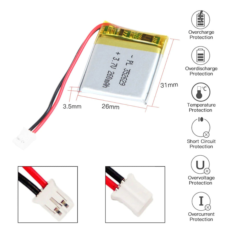 Cargue la imagen en el visor de la galería, [PH2.0-JST Connector][352629] Universal 260mAh3.7V Rechargeable Li-Ion Lithium Polymer Battery - Polar Tech Australia
