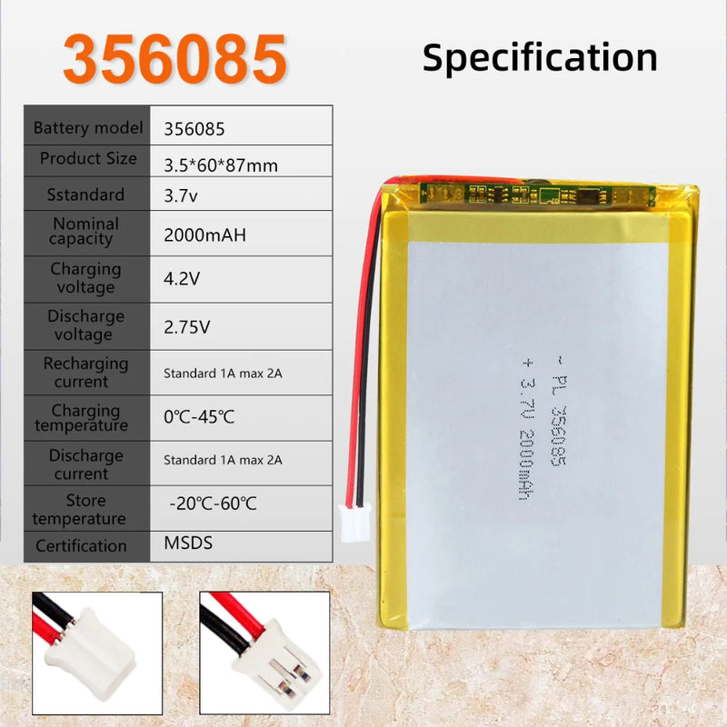 Cargue la imagen en el visor de la galería, [PH2.0-JST Connector][356085] Universal 2000mAh 3.7V Rechargeable Li-Ion Lithium Polymer Battery - Polar Tech Australia
