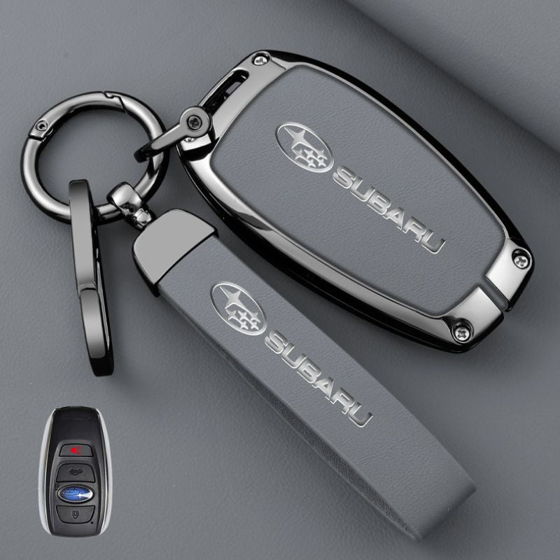 Load image into Gallery viewer, Subaru Full Metal  Coverage + PU Leather Car Key Fob Case Cover For Outback, Forester, Impreza, WRX, XV, Crosstrek, Legacy
