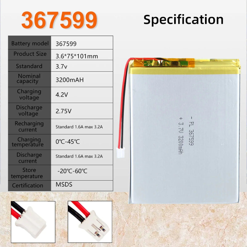 Cargue la imagen en el visor de la galería, [PH2.0-JST Connector][367599] Universal 3200mAh 3.7V Rechargeable Li-Ion Lithium Polymer Battery - Polar Tech Australia
