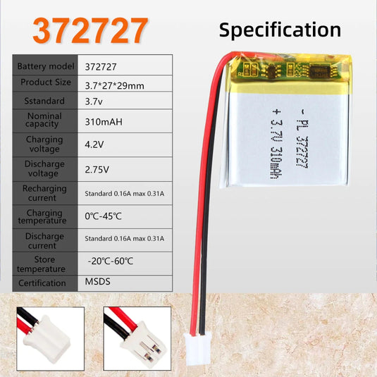 [PH2.0-JST Connector][372727] Universal 310mAh 3.7V Rechargeable Li-Ion Lithium Polymer Battery - Polar Tech Australia