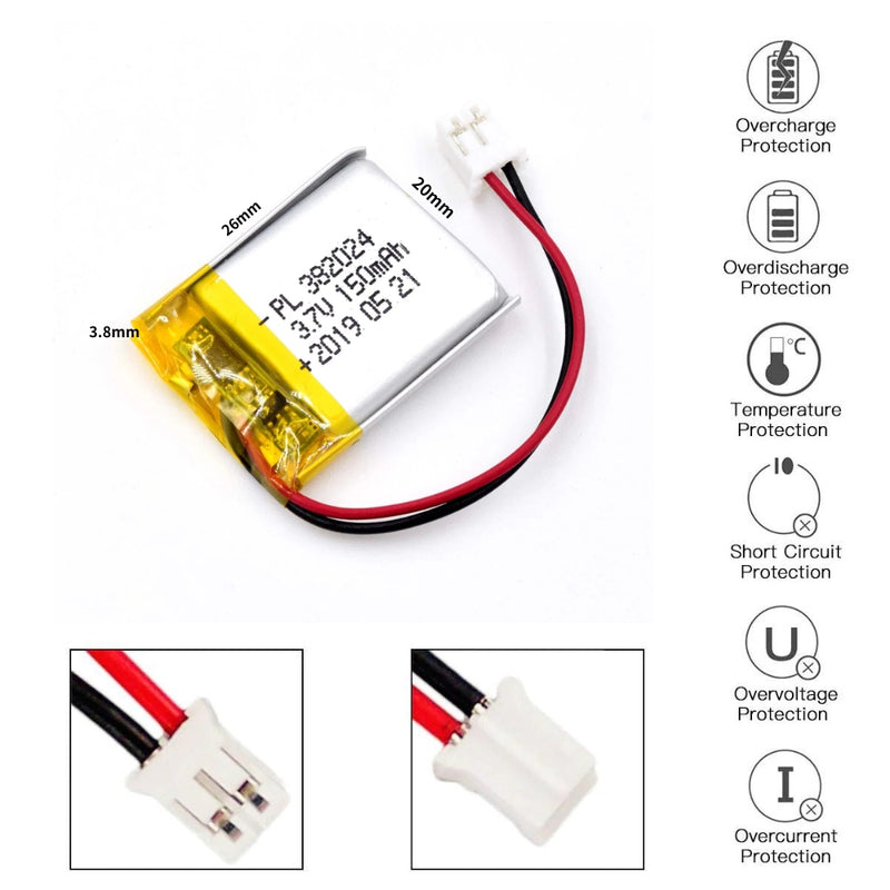 Cargue la imagen en el visor de la galería, [PH2.0-JST Connector][382024] Universal 150mAh 3.7V Rechargeable Li-Ion Lithium Polymer Battery - Polar Tech Australia
