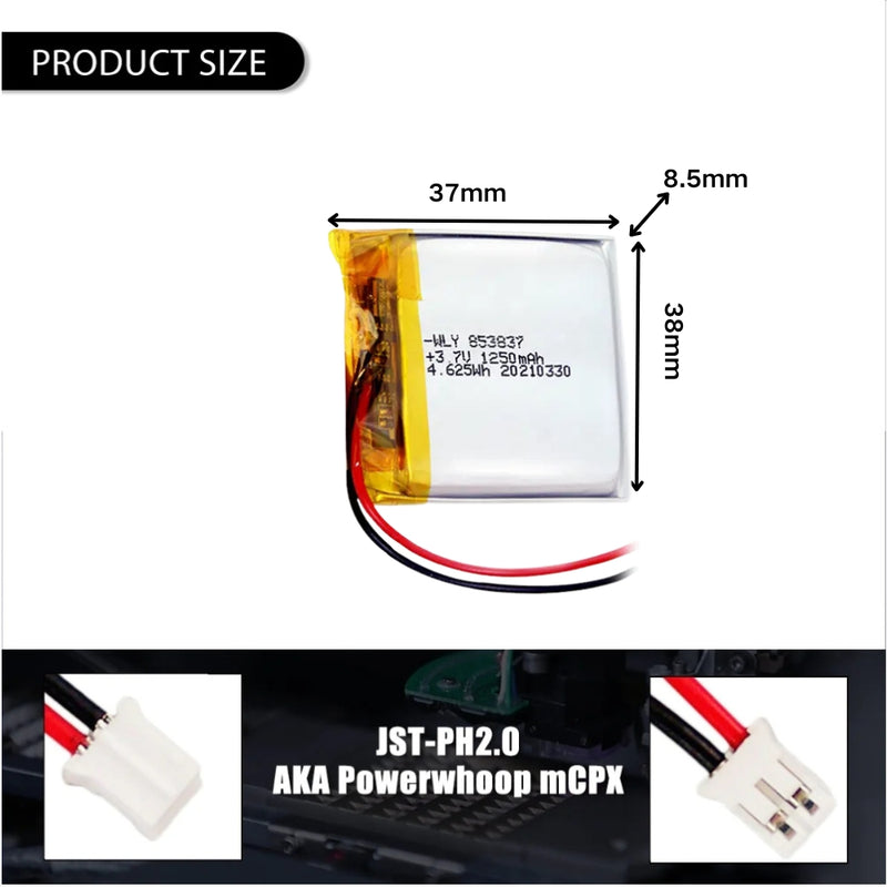 Cargue la imagen en el visor de la galería, [PH2.0-JST Connector][853837] Universal 1250mAh 3.7V Rechargeable Li-Ion Lithium Polymer Battery - Polar Tech Australia
