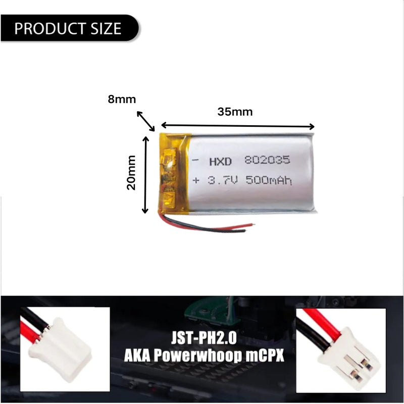 Cargue la imagen en el visor de la galería, [PH2.0-JST Connector][802035] Universal 500mAh 3.7V Rechargeable Li-Ion Lithium Polymer Battery - Polar Tech Australia
