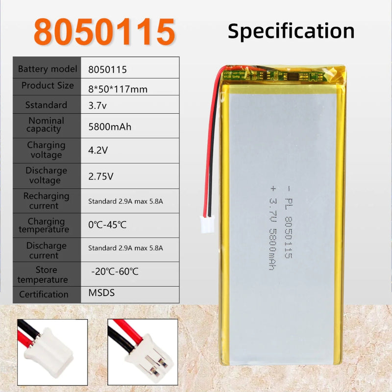 Cargue la imagen en el visor de la galería, [PH2.0-JST Connector][8050115] Universal 5800mAh 3.7V Rechargeable Li-Ion Lithium Polymer Battery - Polar Tech Australia
