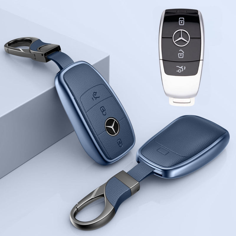 Chargez l&#39;image dans la visionneuse de la galerie, Mercedes Benz Aluminum Alloy Leather Car Key Fob Protection Case Cover For Benz A, C, E, S, G-Class, GLA, GLB, GLC, GLE, GLS, CLA, CLS, EQC
