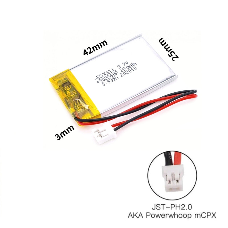 Cargue la imagen en el visor de la galería, [PH2.0-JST Connector][302540] Universal 250mAh 3.7V Rechargeable Li-Ion Lithium Polymer Battery - Polar Tech Australia
