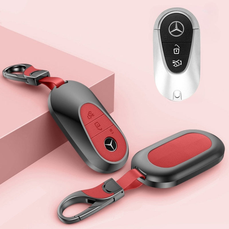 Chargez l&#39;image dans la visionneuse de la galerie, Mercedes Benz Aluminum Alloy Leather Car Key Fob Protection Case Cover For Benz A, C, E, S, G-Class, GLA, GLB, GLC, GLE, GLS, CLA, CLS, EQC
