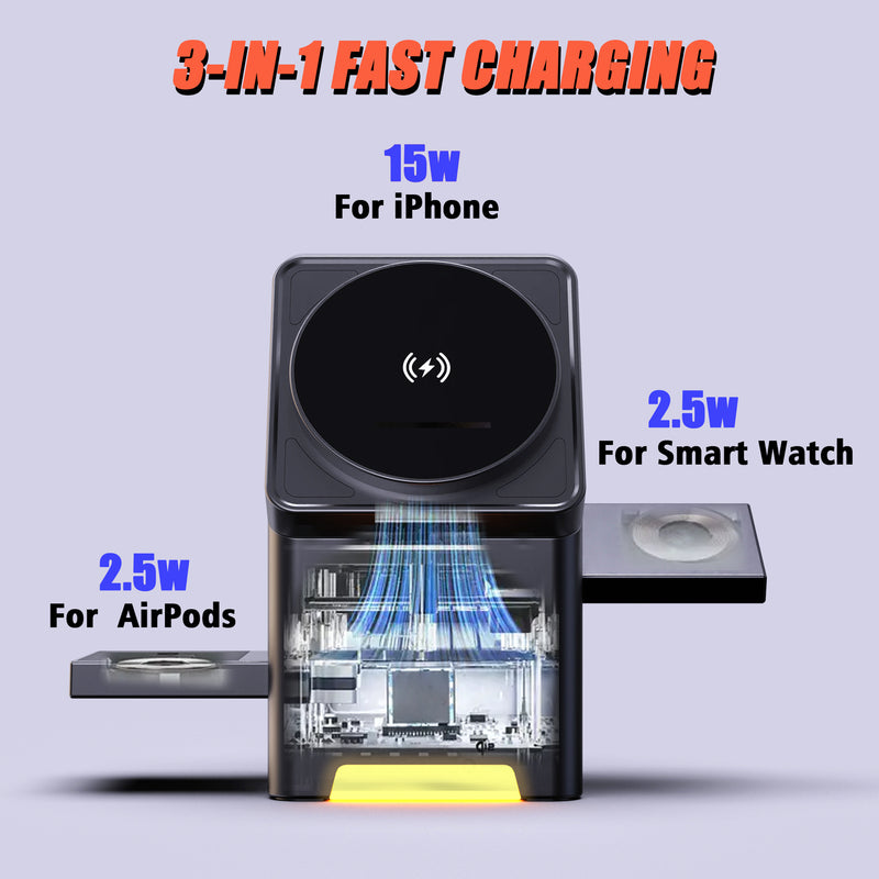 Cargue la imagen en el visor de la galería, 3 in 1 Wireless Charging Station for Apple MagSafe Charger Stand, Qi2 Wireless Charger,15W Magnetic Charger Dock for iPhone 16,15,14,13,12, for Apple Watch,AirPods
