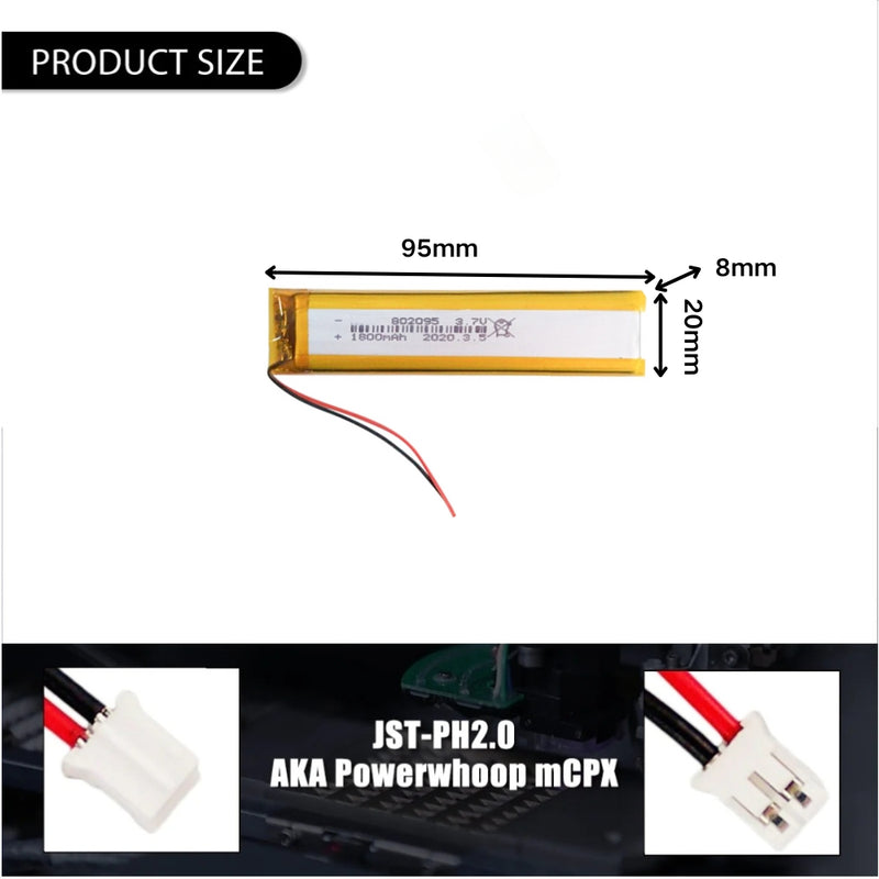 Cargue la imagen en el visor de la galería, [PH2.0-JST Connector][802095] Universal 1800mAh 3.7V Rechargeable Li-Ion Lithium Polymer Battery - Polar Tech Australia
