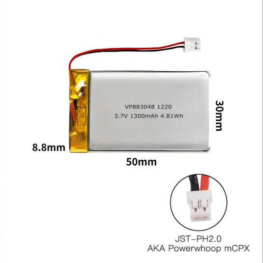 [PH2.0-JST Connector][883048] Universal 1300mAh 3.7V Rechargeable Li-Ion Lithium Polymer Battery - Polar Tech Australia
