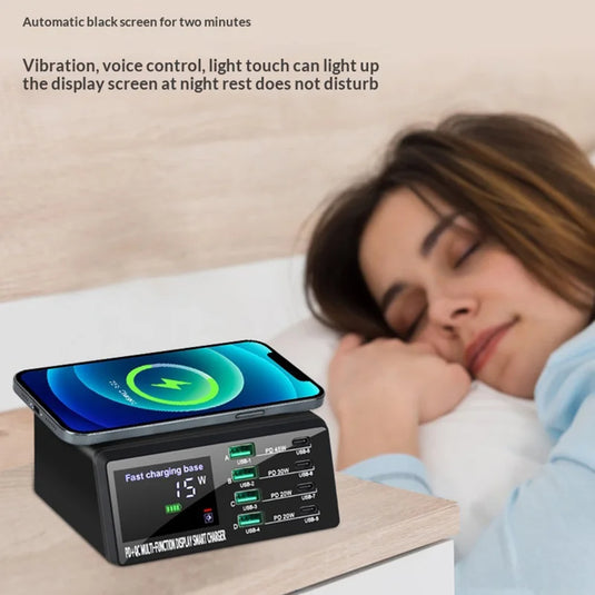 [838W] QUALCOMM 100W 8 puertos (4 x Type-C + 4 USB) PD y QC 3.0 y cargador rápido inalámbrico Estación adaptadora de cargador inalámbrico con medidor de corriente/voltaje