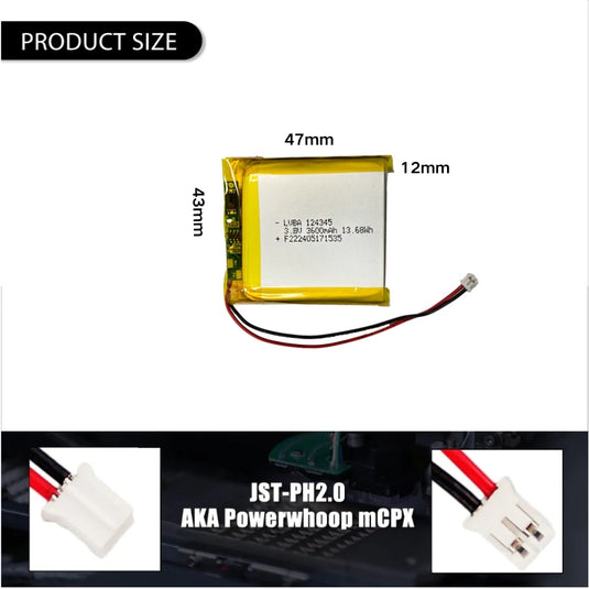 [PH2.0-JST Connector][124345] Universal 3600mAh 3.8V Rechargeable Li-Ion Lithium Polymer Battery - Polar Tech Australia