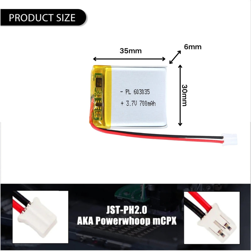Chargez l&#39;image dans la visionneuse de la galerie, [PH2.0-JST Connector][603035] Universal 700mAh 3.7V Rechargeable Li-Ion Lithium Polymer Battery - Polar Tech Australia
