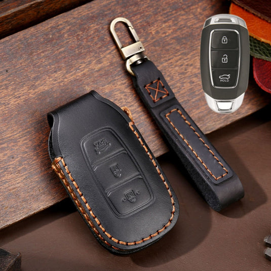 Hyundai Handcrafted Genuine Leather Car Key Fob Protective Case Cover For Santa Fe, Tucson, Palisade, Kona, Santa Fe, Azera