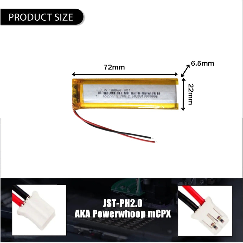 Cargue la imagen en el visor de la galería, [PH2.0-JST Connector][652272] Universal 1000mAh 3.7V Rechargeable Li-Ion Lithium Polymer Battery - Polar Tech Australia
