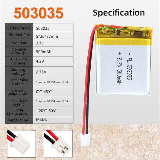 [PH2.0-JST Connector][503035] Universal 500mAh 3.7V Rechargeable Li-Ion Lithium Polymer Battery - Polar Tech Australia