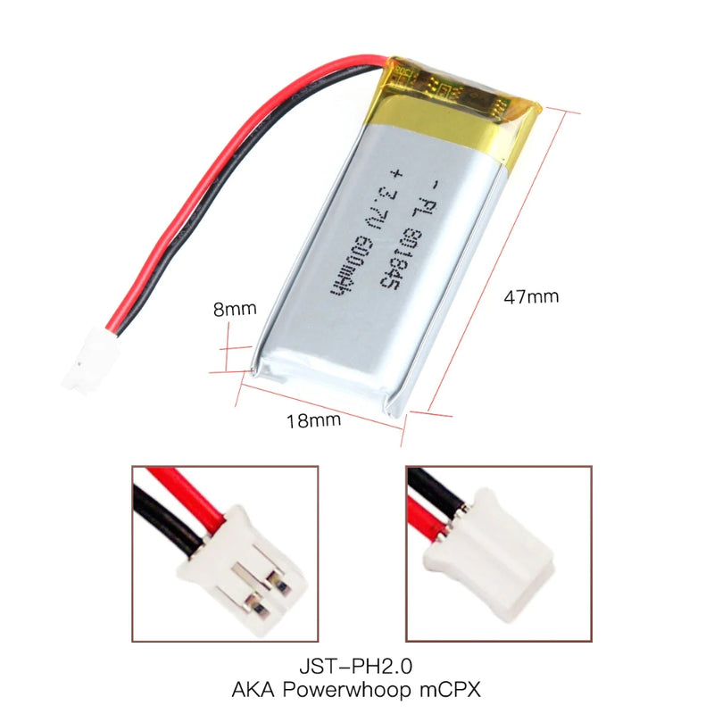 Chargez l&#39;image dans la visionneuse de la galerie, [PH2.0-JST Connector][801845] Universal 600mAh 3.7V Rechargeable Li-Ion Lithium Polymer Battery - Polar Tech Australia
