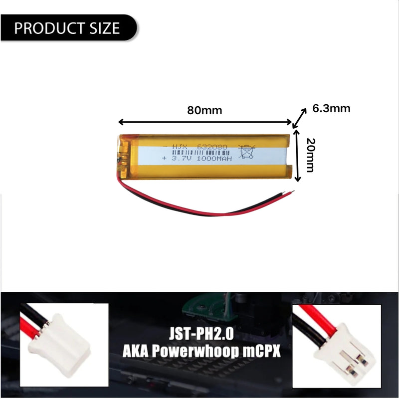 Chargez l&#39;image dans la visionneuse de la galerie, [PH2.0-JST Connector][632080] Universal 1000mAh 3.7V Rechargeable Li-Ion Lithium Polymer Battery - Polar Tech Australia
