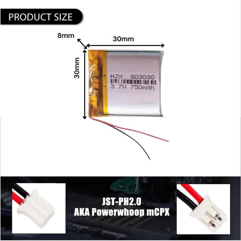 Chargez l&#39;image dans la visionneuse de la galerie, [PH2.0-JST Connector][803030] Universal 750mAh 3.7V Rechargeable Li-Ion Lithium Polymer Battery - Polar Tech Australia
