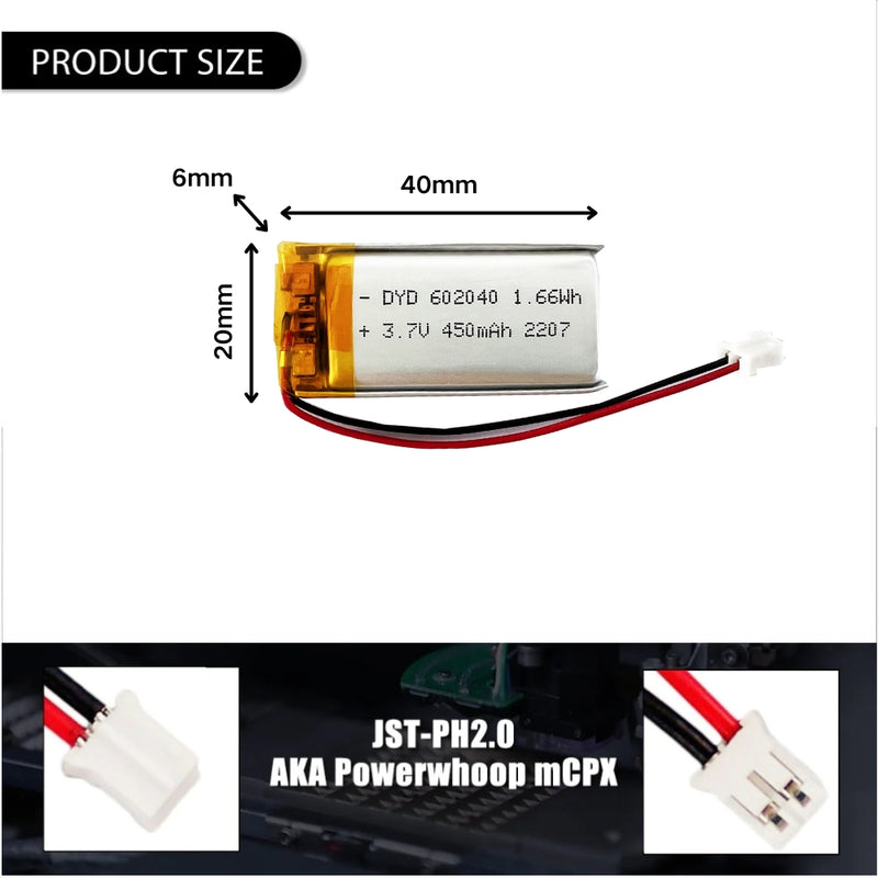 Cargue la imagen en el visor de la galería, [PH2.0-JST Connector][602040] Universal 450mAh 3.7V Rechargeable Li-Ion Lithium Polymer Battery - Polar Tech Australia
