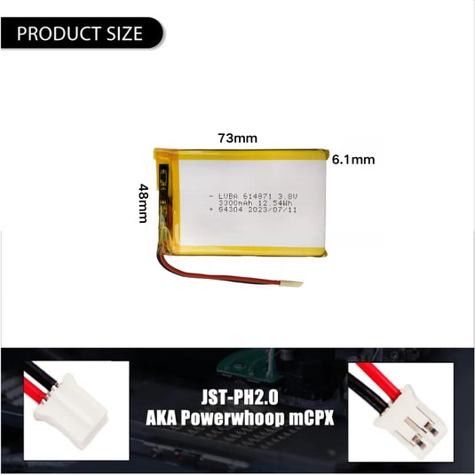[PH2.0-JST Connector][614871] Universal 3300mAh 3.8V Rechargeable Li-Ion Lithium Polymer Battery - Polar Tech Australia