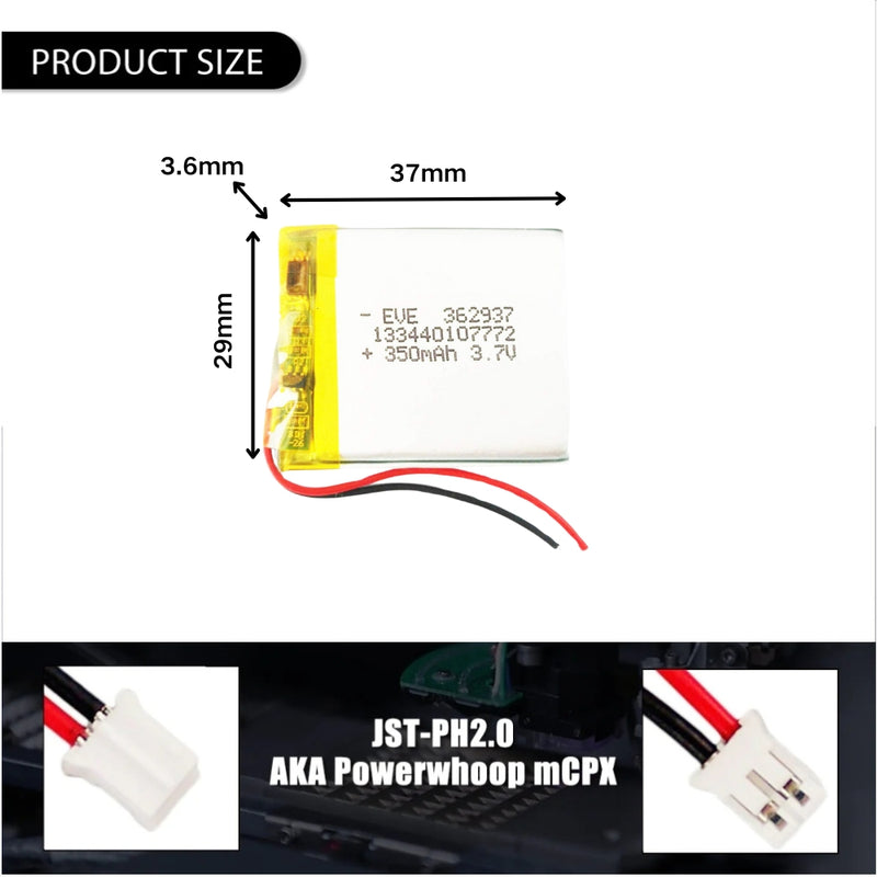 Cargue la imagen en el visor de la galería, [PH2.0-JST Connector][362937] Universal 350mAh 3.7V Rechargeable Li-Ion Lithium Polymer Battery - Polar Tech Australia
