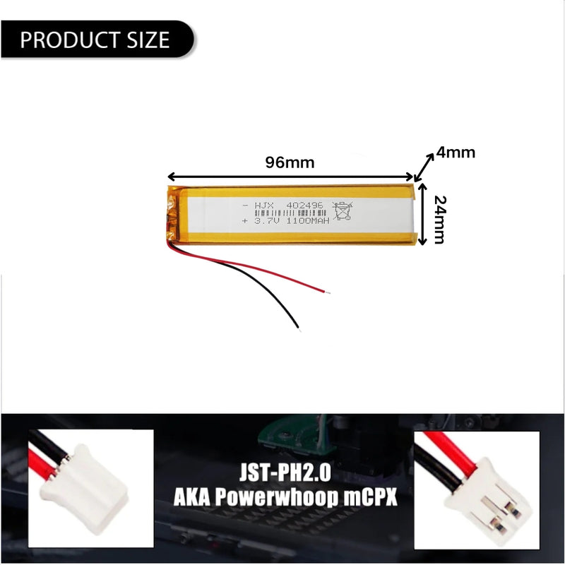 Cargue la imagen en el visor de la galería, [PH2.0-JST Connector][402496] Universal 1100mAh 3.7V Rechargeable Li-Ion Lithium Polymer Battery - Polar Tech Australia
