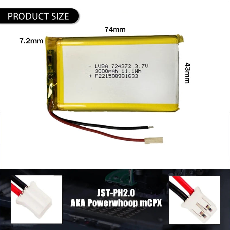 Cargue la imagen en el visor de la galería, [PH2.0-JST Connector][724372] Universal 3000mAh 3.7V Rechargeable Li-Ion Lithium Polymer Battery - Polar Tech Australia
