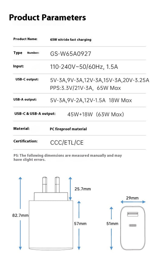 65W Max PD Type-C +QC 3.0 USB Dual Port iPhone 16 Wall Travelling Charger Adapter - (SAA Approved/AU Plug) - Polar Tech Australia