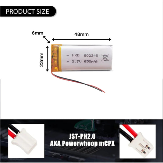 [PH2.0-JST Connector][602248] Universal 650mAh 3.7V Rechargeable Li-Ion Lithium Polymer Battery - Polar Tech Australia