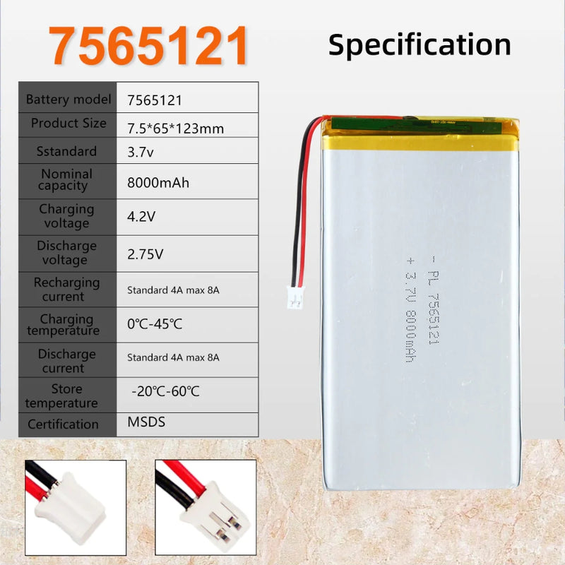 Chargez l&#39;image dans la visionneuse de la galerie, [PH2.0-JST Connector][7565121] Universal 8000mAh 3.7V Rechargeable Li-Ion Lithium Polymer Battery - Polar Tech Australia

