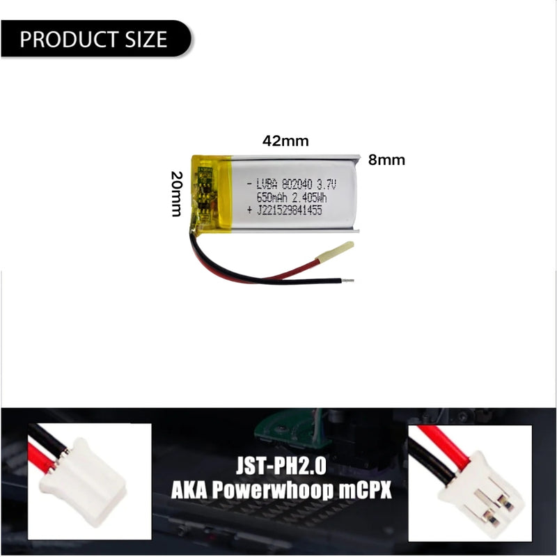 Chargez l&#39;image dans la visionneuse de la galerie, [PH2.0-JST Connector][802040] Universal 650mAh 3.7V Rechargeable Li-Ion Lithium Polymer Battery - Polar Tech Australia
