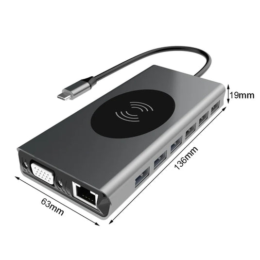 [15-in-1][BX15W] USB-C Hub Docking Station with Wireless Charging, 4K HDMI, Gigabit Ethernet, 100W PD Fast Charging