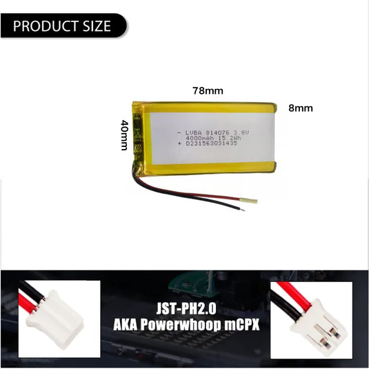 [PH2.0-JST Connector][814076] Universal 4000mAh 3.8V Rechargeable Li-Ion Lithium Polymer Battery - Polar Tech Australia