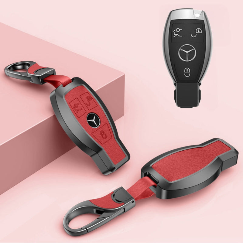 Chargez l&#39;image dans la visionneuse de la galerie, Mercedes Benz Aluminum Alloy Leather Car Key Fob Protection Case Cover For Benz A, C, E, S, G-Class, GLA, GLB, GLC, GLE, GLS, CLA, CLS, EQC
