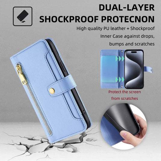 [With Card Slot] Apple iPhone 16/E/Plus/Pro/Max - Multi-Function Flip Leather Zipper Wallet Case With Wrist & Shoulder Strap